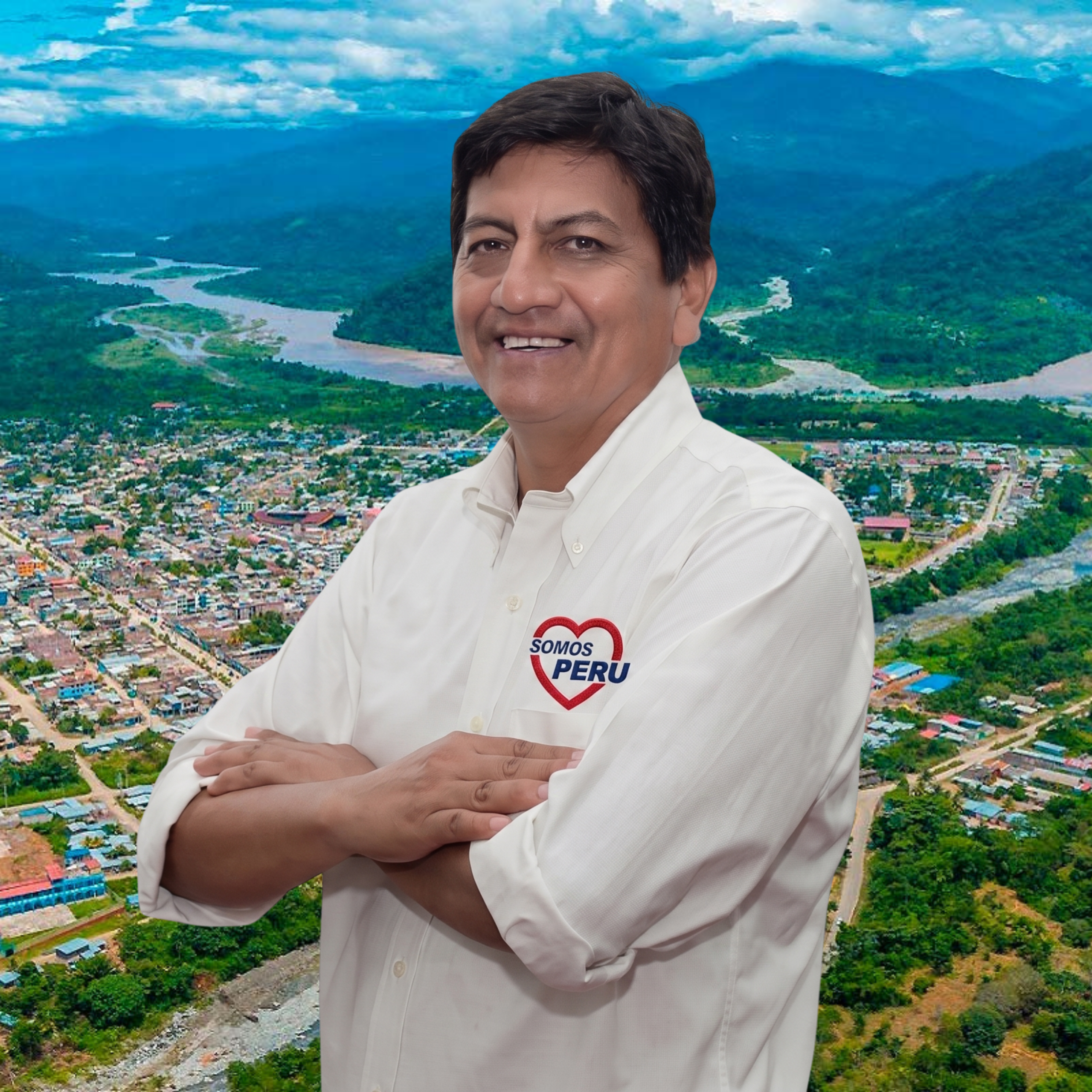 Candidato de Somos Perú con los Andes peruanos de fondo